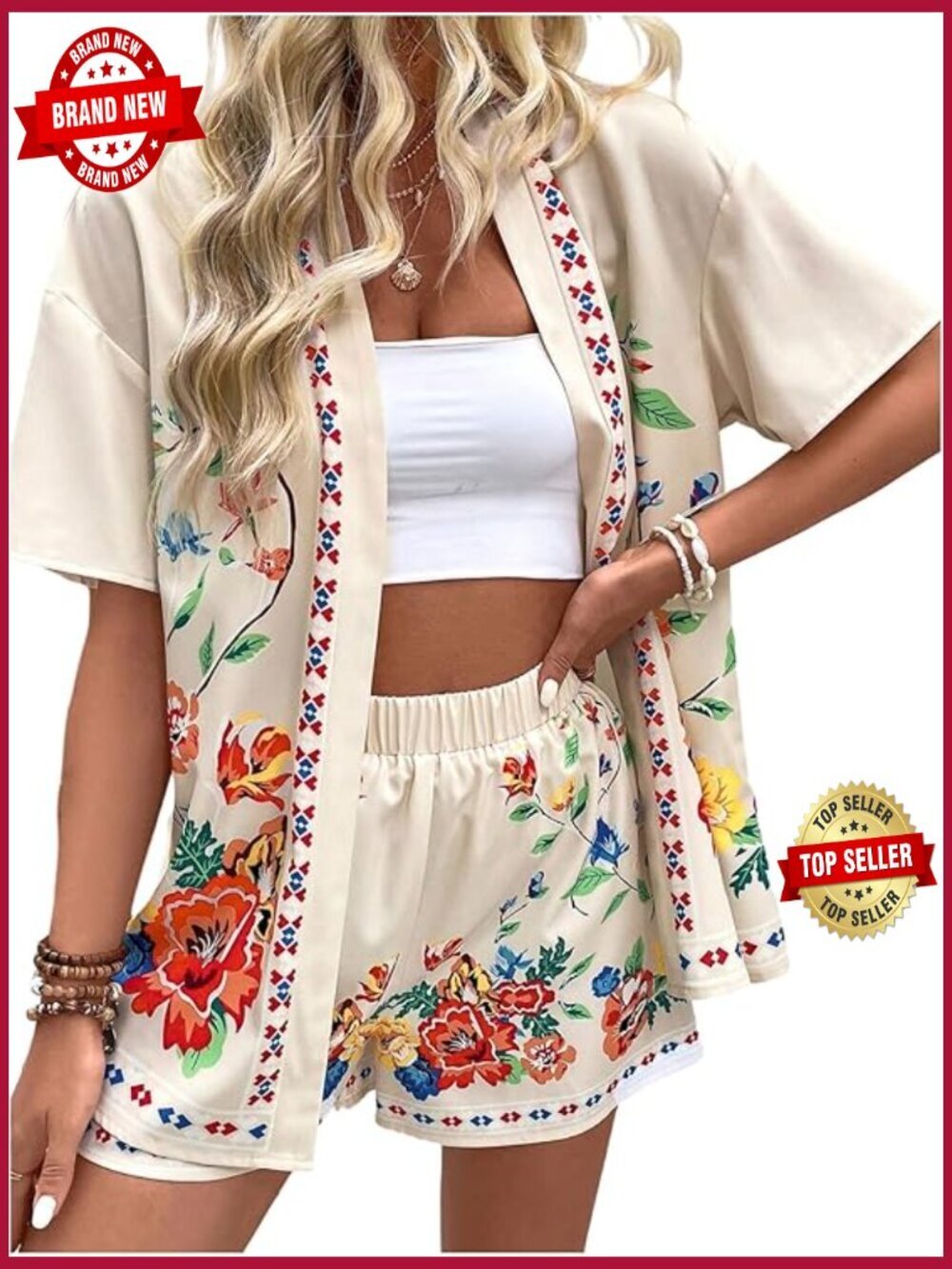 Tropical Print 2-Piece Short Set Half Sleeve Blouse Vacation Outfit Summer